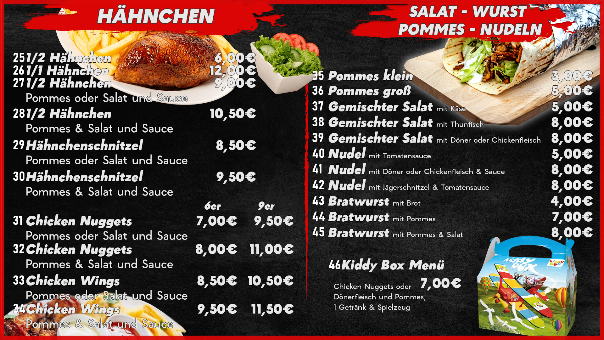 Grillhähnchen, Bratwurst, Pommes, Nudeln, Salat